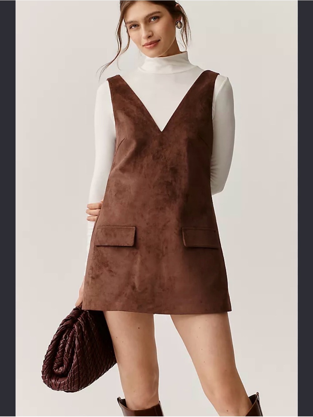 Anthropologie Brown Faux-Suede V-Neck Pocket Mini Dress
